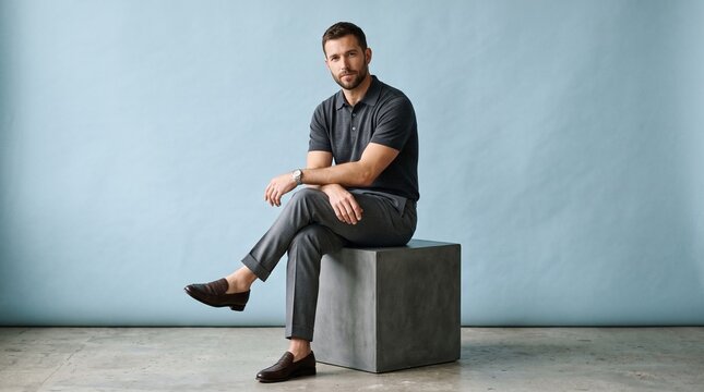 Full length portrait of a handsome man sitting on a grey cube against a light blue background, wearing a polo shirt and trousers