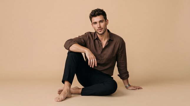 A handsome young man with short dark hair sitting on the floor against a neutral background wearing a brown linen shirt and black trousers