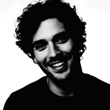 Smiling person with pixelated face looking slightly to the side illustration