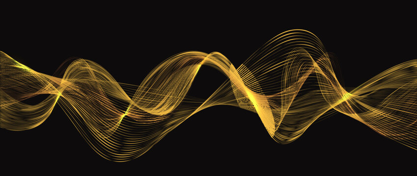 Golden line wave flow, elegant luxury background. Gold line or ribbon wavy pattern at black backdrop. Abstract golden wave curves and swooshes with bright yellow light particles and sparkles
