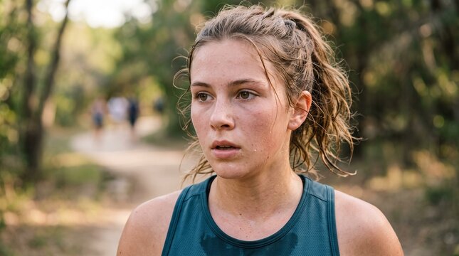 Young woman runner with sweat on her face and tank top outdoors on a trail