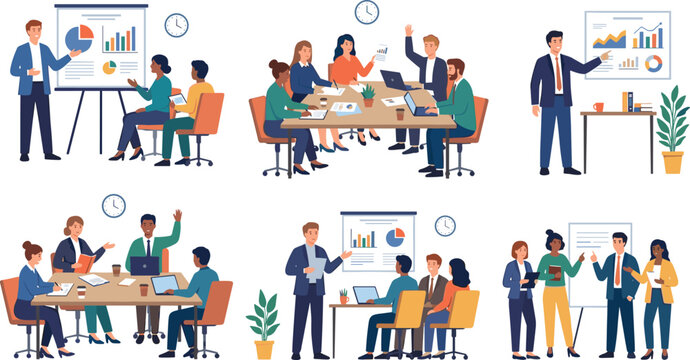 Flat vector illustration set of business people in office meetings presentations and team collaboration scenes