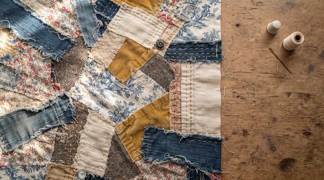 Vintage fabric scraps patchwork pattern design with sewing essentials  