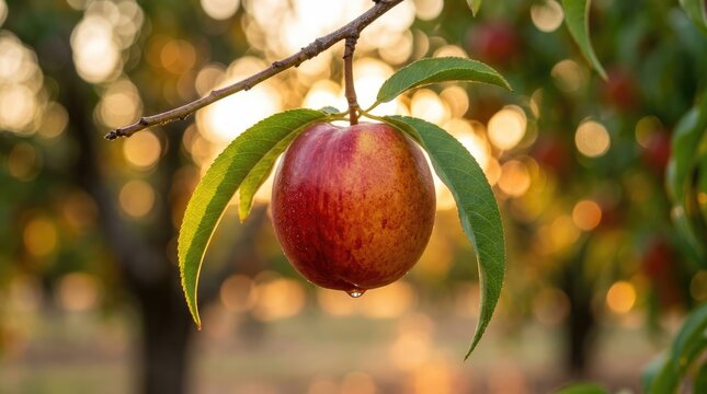 Ripe nectarine hanging from a lush fruit tree branch bathed in warm golden hour sunlight glow