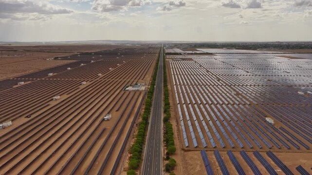 Desert photovoltaic panels, aerial view of a solar photovoltaic power station