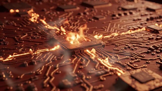 Burning circuit board with glowing hot microchip