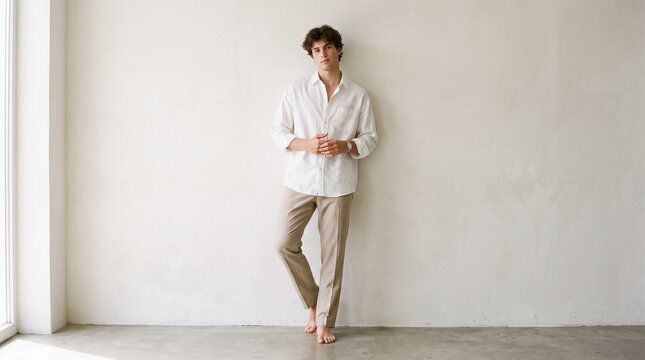 Full length portrait of a handsome young man with curly hair wearing a white linen shirt and beige trousers, standing barefoot against a plain light wall