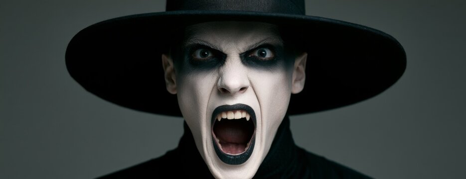 Person in stylish vampire costume with a menacing expression  