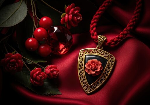 Vintage gold rose pendant with red berries background isolated on white background