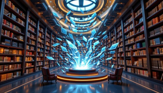 Innovative library featuring advanced holographic technology and dynamic data streams in a contemporary reading environment