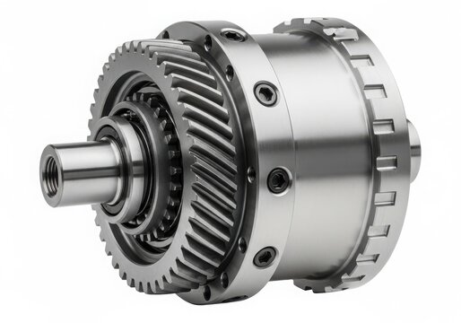 Close-up of a metal gear and shaft assembly isolated on white background