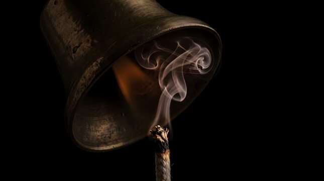 Extinguished candle wick releasing smoke under a brass metal candle snuffer on a dark background