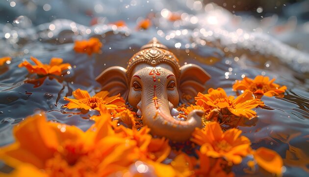 Lord Ganesha Idol Immersion in Water with Marigold Flowers