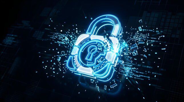 Cyber security concept with a shattered glowing digital padlock