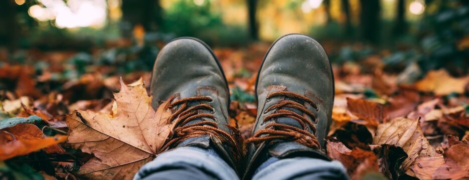 Boots resting on autumn leaves in a serene forest setting  
