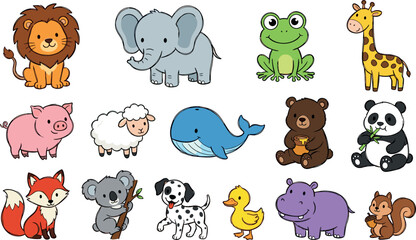 Obraz premium Cute Cartoon Wild and Domestic Animal Vector Illustration Set Featuring Lion Elephant Giraffe Panda Bear Koala Whale and Farm Creatures for Nursery Designs