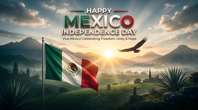Mexico independence day celebration poster with national flag with flying celebrate mexico