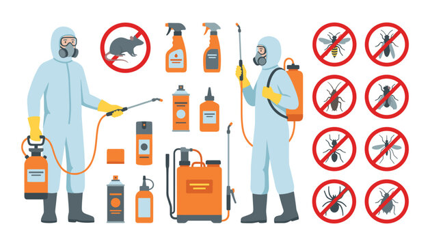 Pest Control Service Vector Icon Set with Exterminator Characters in Hazmat Suits Chemical Sprayers Equipment and Prohibited Signs for Insect Prevention Concepts