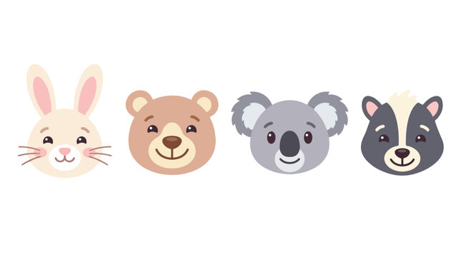 Cute cartoon animal face icons featuring rabbit bear koala and skunk