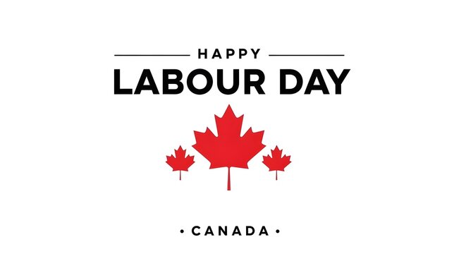 Happy labour day canada greeting card with three red maple leaves, isolated on white background