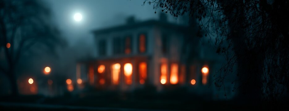 Blurred haunted house with glowing lights under a full moon, Halloween background