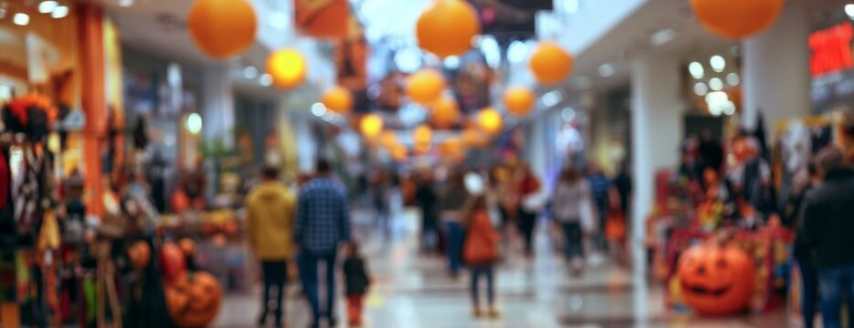 Blurred photo of a shopping mall decorated for Halloween celebrations  