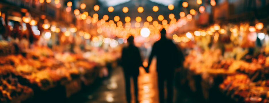 Blurred autumn market scene with shoppers holding hands under warm lights  
