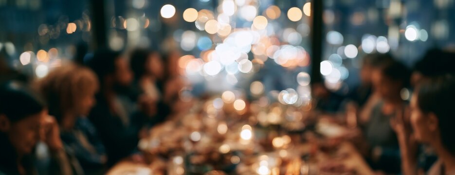 People dining together at a table in a restaurant during the evening, blurred background  