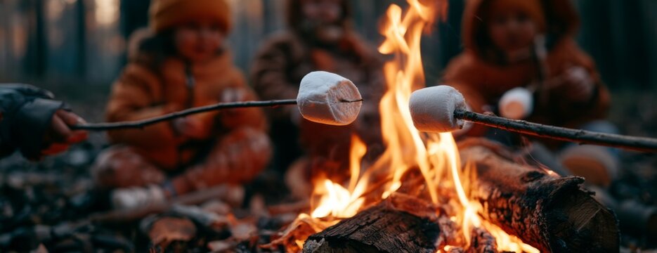 Children roasting marshmallows over a campfire in autumn forest setting  