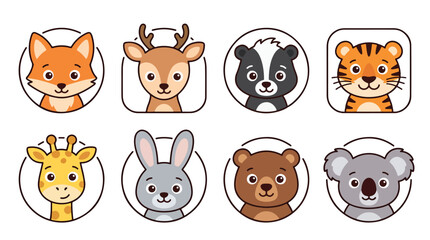 Fototapeta premium Cute wild animal avatar icons set featuring cartoon wildlife characters