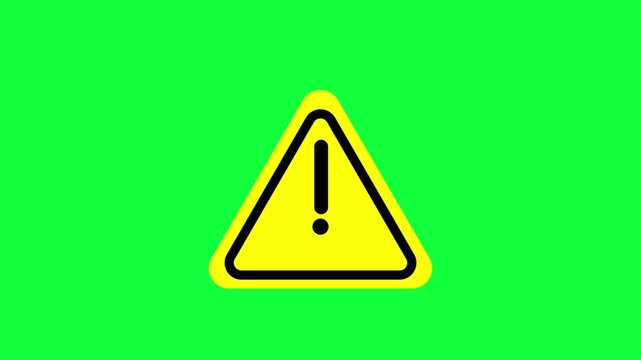 Caution symbol video animation on green screen displaying warning sign with exclamation mark