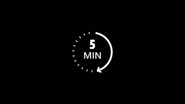 Clock with 5 min and circular arrows timer animation on transparent background. 5 Min arrow clock icon animation, 5 minute animation. timer 5 minutes countdown icon