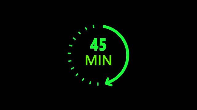Clock with 45 min and circular arrows timer animation on transparent background. 45 Min arrow clock icon animation, 45 minute animation.Alpha Channel