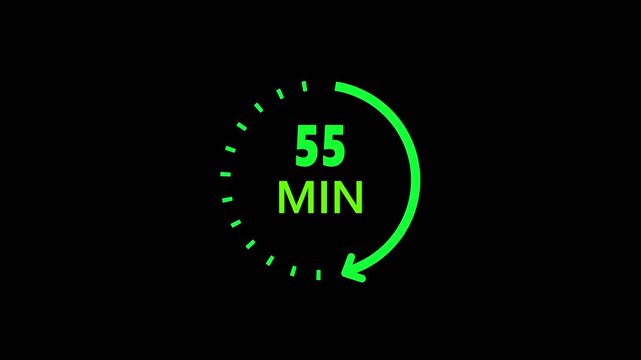 Clock with 55 min and circular arrows timer animation on transparent background. 55 Min arrow clock icon animation, 10 minute animation. timer 55 minutes countdown icon.