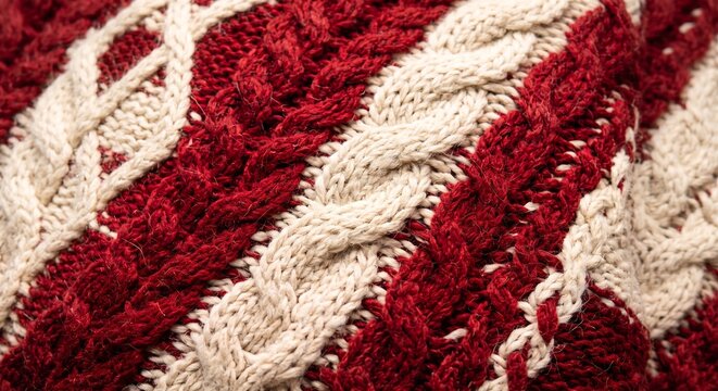 Close-up of a warm and cozy knitted cable pattern texture in red and off-white yarn