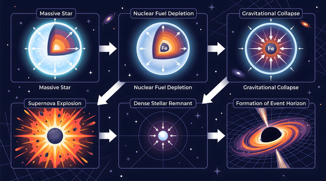 Stellar evolution cycle diagram explains the life cycle of a massive star leading to a supernova explosion, gravitational collapse, and the formation of a black hole.