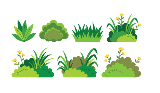 Cartoon green grass and bush element set with simple yellow flowers for garden nature landscape background vector