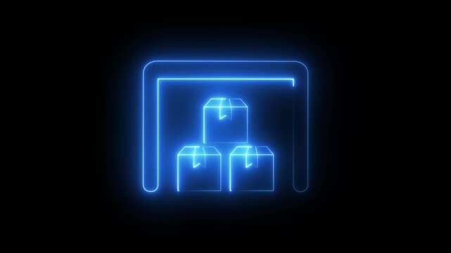 Neon warehouse storage animation, glowing logistics and supply chain concept, digital shipping and distribution symbol