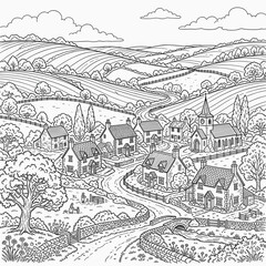 Fototapeta premium English Village Landscape Drawing Coloring Page
