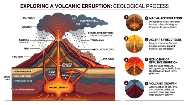 Volcanic eruption process diagram shows the stages of magma accumulation, ascent, explosive activity, and eventual volcano growth in a clear educational format.