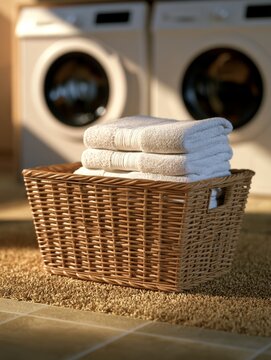 Stacked clean white towels in wicker basket in laundry room