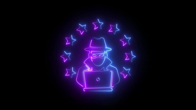 Neon cyber hacker with stars, glowing digital security threat animation, cybercrime and data breach concept