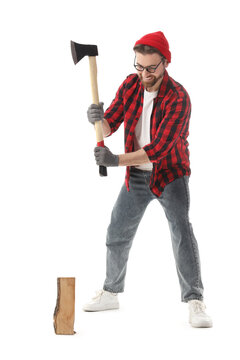 Man chopping wood with ax on white background