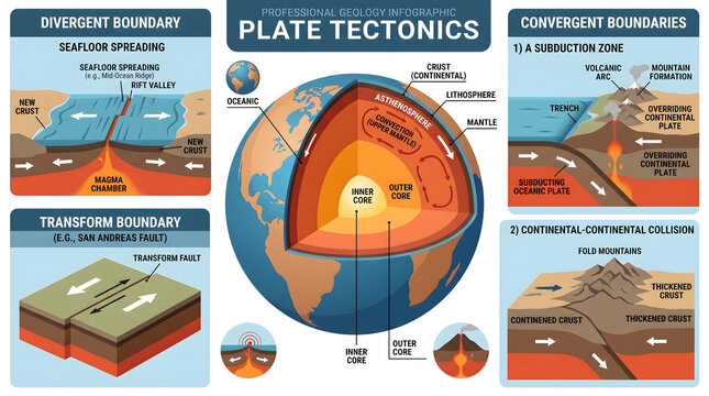 Plate tectonics chart demonstrates geological boundaries including seafloor spreading and subduction zones with cross-sectional earth layers.