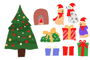 Fototapeta premium Festive Christmas Celebration Collection Decorated Tree, Adorable Dogs in Santa Hats, and Stacked Presents