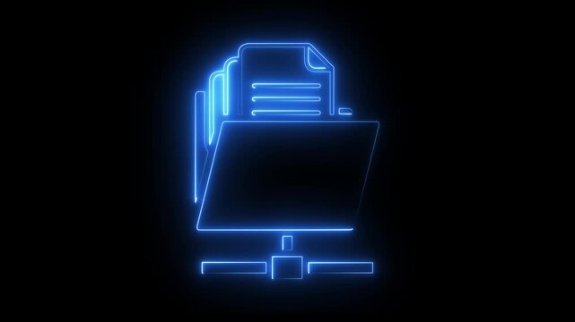Neon blue digital file folder animation for cloud computing and data management glowing
