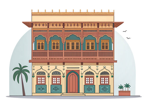 Traditional Gujarati haveli, colorful facade, carved wooden balconies, arched windows, detailed traditional architecture, minimal premium vector illustration