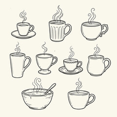 Obraz premium Hand Drawn Collection of Steaming Hot Beverage Cups and Bowls