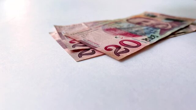 Horizontal video close up. Man counts Red paper banknote 20 GEL with portrait of Prince Ilia Chavchavadze on white table. Twenty lari bill. Georgian cash money. Concept of wages, debt, pay tax, loan