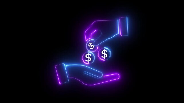 Neon money transfer animation: digital payment, e-commerce, and financial transaction concept glowing